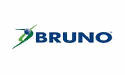 BRUNO logo with abstract green swoosh design and blue text.