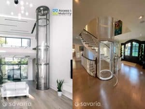 Two images of modern Savaria Vuelift Mini glass elevators models in different home settings.