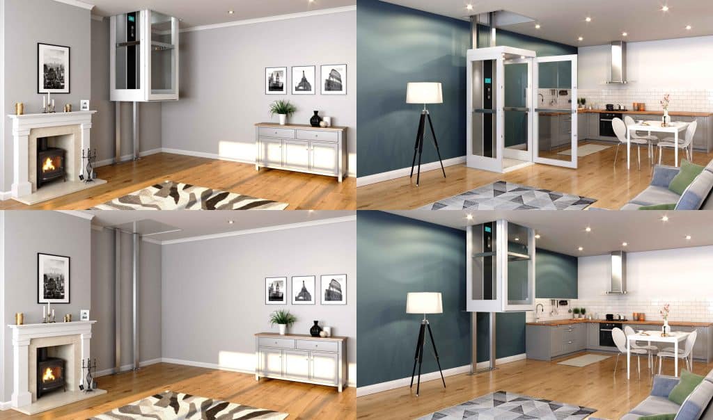 Split-screen image showing Pollock-Shaftless home elevator in modern living spaces and highlighting the sleek design and integration of the elevator into a stylish, contemporary home.